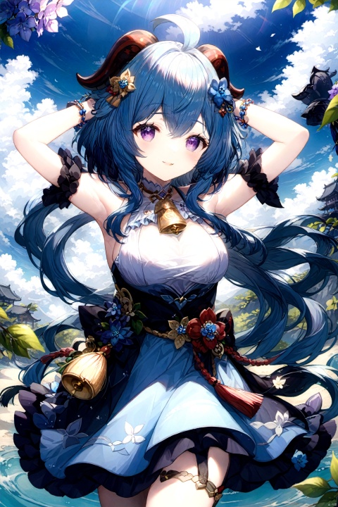  The subject is a single female character with long hair, noticeable breasts, and an engaging gaze towards the viewer. She has a pleasant smile with her mouth slightly open. Her hairstyle includes bangs and sidelocks, complementing her elegant dress adorned with jewelry. She possesses medium-sized breasts and distinctive blue hair that beautifully contrasts with her purple eyes. A flower accessory adorns her head along with an ahoge. The scene takes place outdoors under a sky filled with clouds, where she gracefully raises her arms showcasing delicate bracelets against the backdrop of a serene blue sky. A bell necklace hangs around her neck while she stands in shallow water surrounded by frills and horns. Additionally, she wears an alternate costume featuring tassels and holds a blue flower called "Vision" from the game Genshin Impact, representing the character named Ganyu., (gan yu)