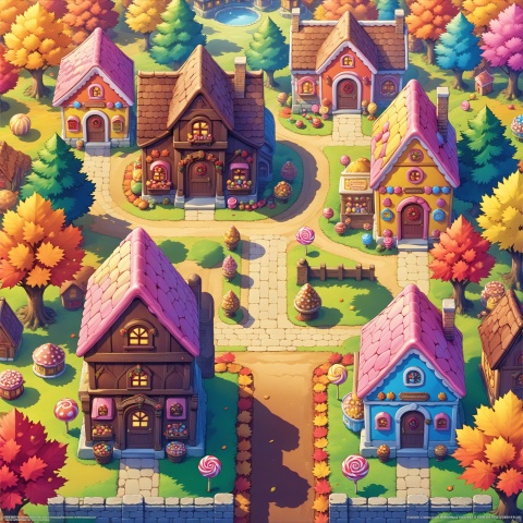 ((Masterpiece)), ((Best quality)), ((Official art,)), ((from top :1.4)), (House, Candy House :1.3), Chocolate, lollipops, candy, cookies, cakes, desserts, fairytale world, (Forest, woods, trees, grass :1.2), outdoor, daytime, (Color/candy color theme :1.2), Autumn, The harvest fruit