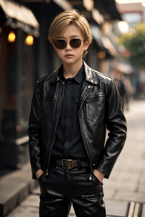  solo, looking at viewer, short hair, blonde hair, shirt, long sleeves, 1boy, closed mouth, standing, jacket, male focus, cowboy shot, outdoors, pants, blurry, open jacket, black jacket, black shirt, depth of field, blurry background, black pants, sunglasses, realistic, hands in pockets, leather, bokeh, leather jacket