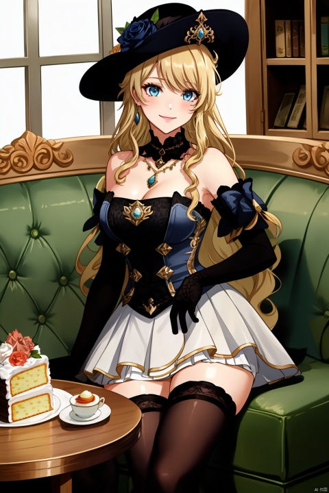 1girl, solo, long hair, breasts, looking at viewer, blush, smile, bangs, blue eyes, blonde hair, large breasts, thighhighs, gloves, hat, dress, cleavage, bare shoulders, jewelry, medium breasts, sitting, very long hair, closed mouth, flower, earrings, food, black gloves, elbow gloves, indoors, necklace, white dress, white thighhighs, zettai ryouiki, window, black headwear, strapless, rose, table, couch, strapless dress, plate, cake, hat flower, on couch