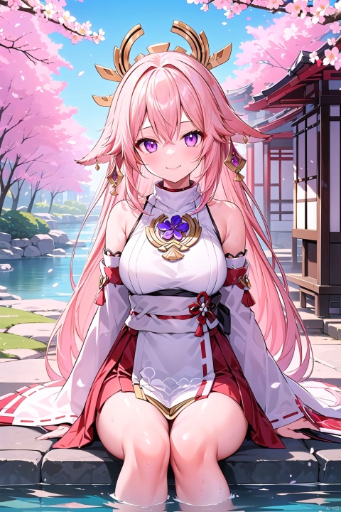  1girl, solo, long hair, breasts, looking at viewer, smile, bangs, skirt, shirt, hair ornament, long sleeves, animal ears, hair between eyes, bare shoulders, jewelry, sitting, very long hair, closed mouth, purple eyes, white shirt, pink hair, thighs, earrings, outdoors, detached sleeves, japanese clothes, wide sleeves, water, tree, cup, petals, fox ears, sleeveless shirt, red skirt, floral print, cherry blossoms, nontraditional miko, lantern, yokozuwari, vision \(genshin impact\), architecture, sakazuki, east asian architecture, yae miko
