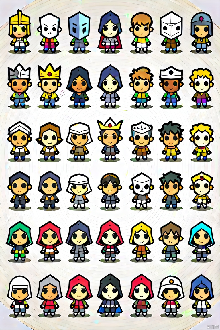  score_9, score_8_up, score_8, score_9,long hair, looking at viewer, short hair, multiple girls, blonde hair, simple background, brown hair, black hair, holding, closed mouth, standing, yellow eyes, weapon, multiple boys, sword, dark skin, hood, chibi, cape, holding weapon, armor, black eyes, mask, facial hair, holding sword, dark-skinned male, helmet, crown, hood up, 6+boys, shield, holding shield