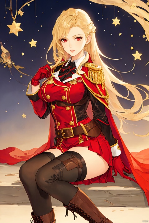  1girl, solo, long hair, breasts, looking at viewer, skirt, blonde hair, red eyes, thighhighs, gloves, boots, belt, star \(symbol\), cape, uniform, zettai ryouiki, military, red gloves, red cape