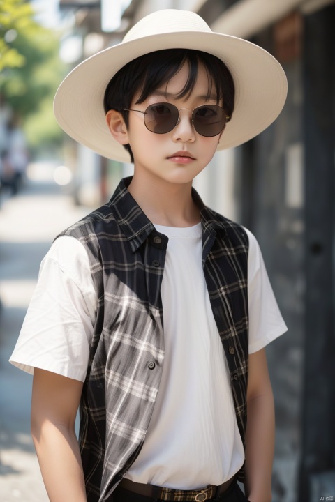  solo, looking at viewer, shirt, black hair, 1boy, hat, white shirt, upper body, short sleeves, male focus, outdoors, day, blurry, plaid, blurry background, sunglasses, realistic, plaid shirt