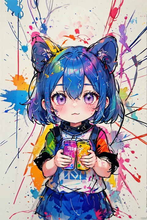  A girl,solo,cute,lines,rainbow colors,colored spray paint,colored inkdrops,,