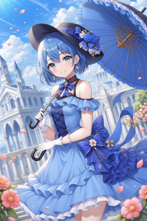 1girl, solo, looking at viewer, smile, short hair, bangs, blue eyes, gloves, hat, dress, bow, holding, hair between eyes, bare shoulders, jewelry, blue hair, standing, flower, earrings, outdoors, frills, parted lips, sky, day, white gloves, petals, black headwear, blue dress, umbrella, ground vehicle, blue headwear, top hat, holding umbrella, parasol, tilted headwear