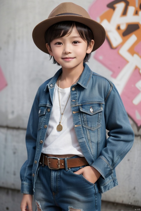 10 years old, child, 1boy, solo, short hair, looking at the audience, smiling, bangs, brown hair, grid shirt, hat, brown eyes, jewelry, jacket, plaid shirt, denim lens, open dress, belt, pants, necklace, open jacket, lips, crop top, denim, jeans, realistic, beanie, pink jacket, graffiti