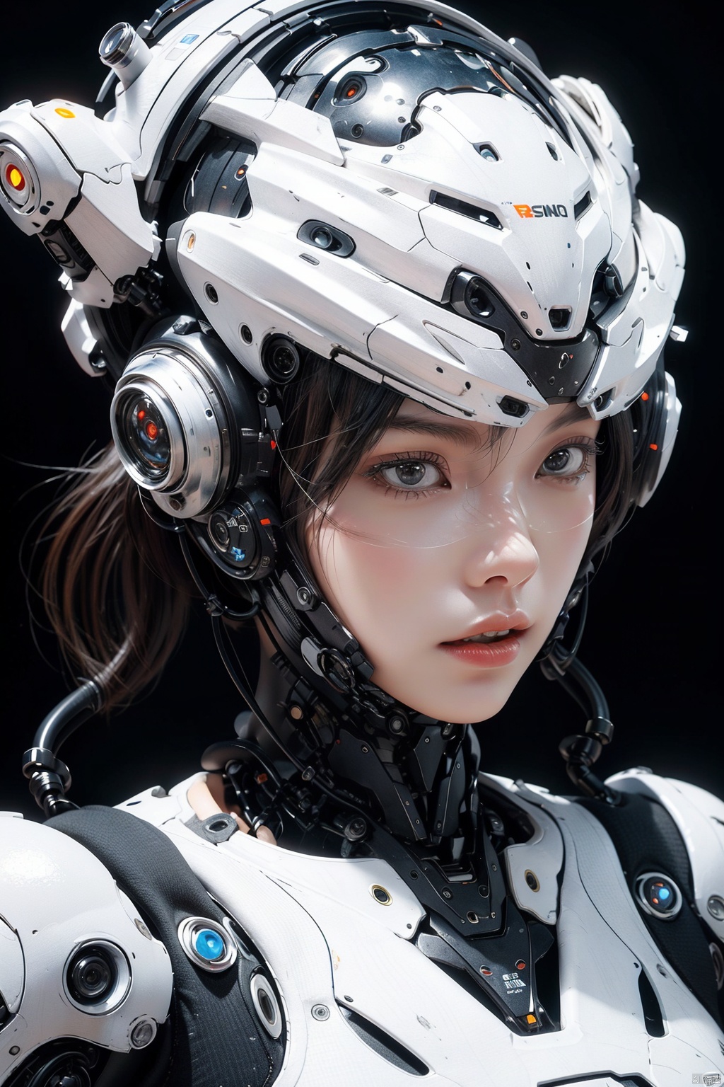  Sci-Fi Girl a fashion face with a Robo brutal white armor. Add a crown on the head. Artstation. Epic realistic, HKSTYLE, Electroplating paint