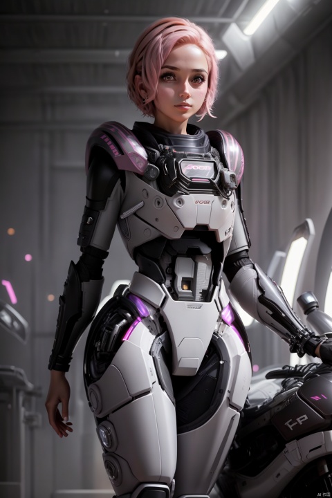  1girl, solo, looking at viewer, short hair,（ Pink eyes：1.8）, full body, pink hair, armor, lips, bodysuit, science fiction, hologram, HD,32k,,