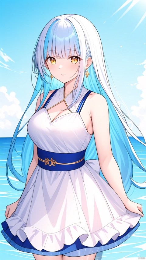 1girl, solo, long hair, breasts, looking at viewer, bangs, dress, bare shoulders, jewelry, very long hair, blue hair, yellow eyes, white hair, multicolored hair, earrings, sleeveless, water, floating hair, sleeveless dress, fire, wading