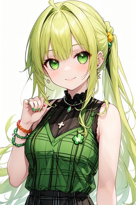  1girl, aqua_nails, armpits, bangle, bare_shoulders, bead_bracelet, beads, blonde_hair, blush, bracelet, clover, clover_hair_ornament, emerald_\(gemstone\), fingernails, four-leaf_clover, green_bow, green_bowtie, green_eyes, green_nails, green_necktie, green_neckwear, green_ribbon, green_scarf, green_scrunchie, hair_bobbles, hair_ornament, hair_scrunchie, jewelry, long_hair, low-tied_long_hair, multicolored_nails, nail_art, nail_polish, orange_nails, pearl_bracelet, red_nails, ribbed_sweater, ring, scrunchie, simple_background, sleeveless, smile, solo, white_background, wristwatch, yellow_nails, masterpiece