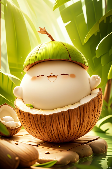 Hat,coconut,Coconut blind box,closed eyes,depth of field,leaf,light rays,open mouth,smile,sunlight