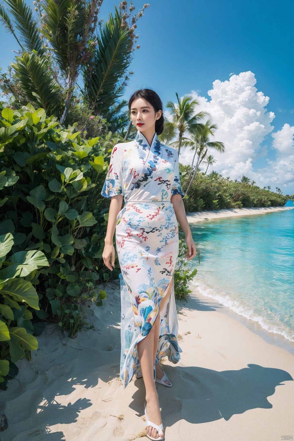  A beach vacation concept, with a model in a tropical resort setting, wearing a stylish swimsuit and a flowing beach cover-up. The backdrop includes palm trees, sandy beaches, and a clear blue sky, creating a sense of relaxation and luxury., china dress\(haihang\), greendesign, Ink painting, flowing skirts,Giant flowers,