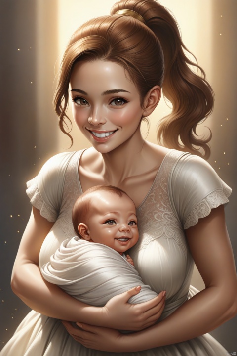 1girl, breasts, looking at viewer, smile, brown hair, dress, ponytail, grin, lips, carrying, realistic, baby