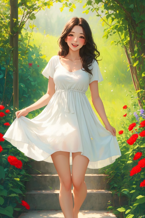 1girl, solo, long hair, breasts, looking at viewer, blush, smile, open mouth, brown hair, black hair, dress, brown eyes, medium breasts, standing, collarbone, flower, short sleeves, outdoors, parted lips, barefoot, white dress, tree, petals, bare legs, floating hair, leaf, standing on one leg, plant, red flower, stairs, yellow flower, skirt hold