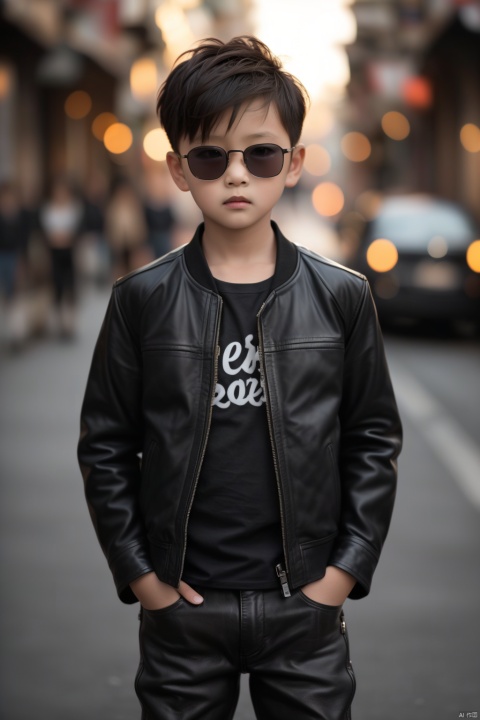  Photo, 10 year old child, single, looking at the audience, short hair, blonde hair, shirt, long sleeve, 1boy, Closed mouth, Standing, Jacket, Male Focus, Cowboy shot, Outdoor, pants, blur, Open Jacket, Black Jacket, black shirt, Depth of Field, Blur Background, Black pants, Sunglasses, Realistic, hands in pockets, leather, Bokeh, Leather jacket, Professional photography, real,