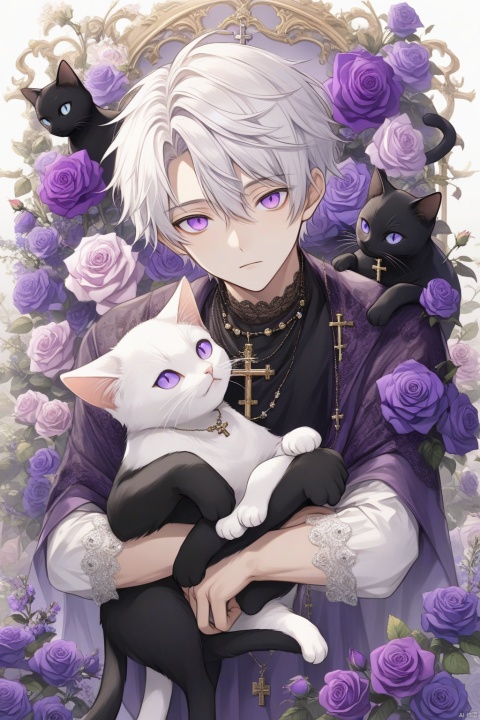  solo, looking at viewer, short hair, long sleeves, 1boy, holding, jewelry, purple eyes, flower, white hair, male focus, necklace, rose, animal, cat, cross, purple flower, black cat, holding animal, holding cat