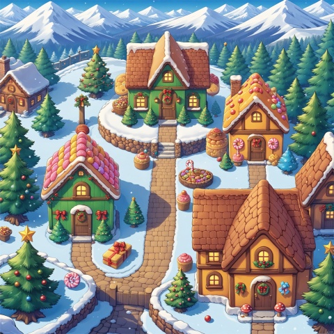 outdoors, food, tree, no humans, window, candy, nature, scenery, snow, forest, mountain, house, christmas tree, candy cane, chimney, pine tree,Candy, cake, chocolate, sandwich cookies, mushrooms, straw hats