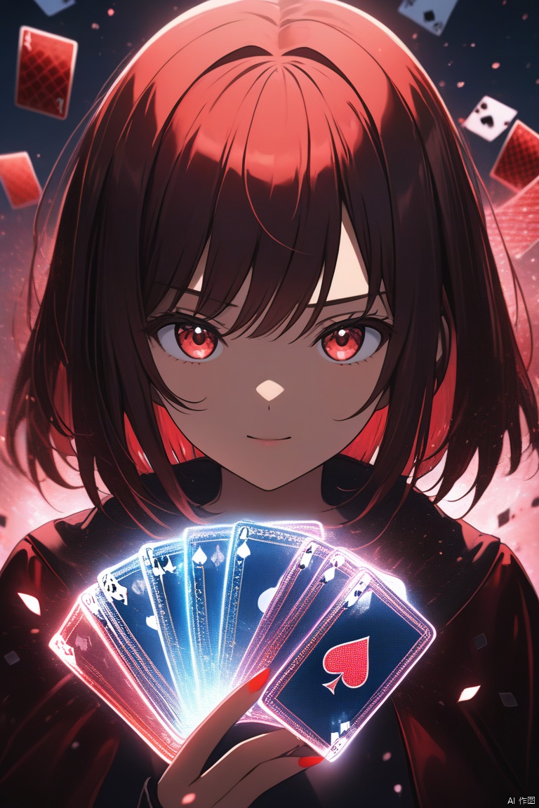 Anime Magic, close-up shot of a girl holding glowing Hologram poker cards in her hands in front of her face, four Ace of Spade in her hands, poker cards flying in the sky, glowing magic effects, dark lighting, highly detailed, ultra-high resolutions, 32K UHD, best masterpiece, lighting quality,red theme,Holographic effect