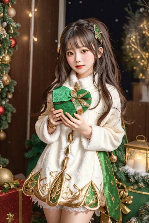  1girl, solo, photo, Snow, outside, Pine, box, christmas tree, merry christmas, holding gift, christmas lights, looking at viewer, bell, ornament, hair ornament, heart-shaped box, UHD, textured skin, high details, 16k