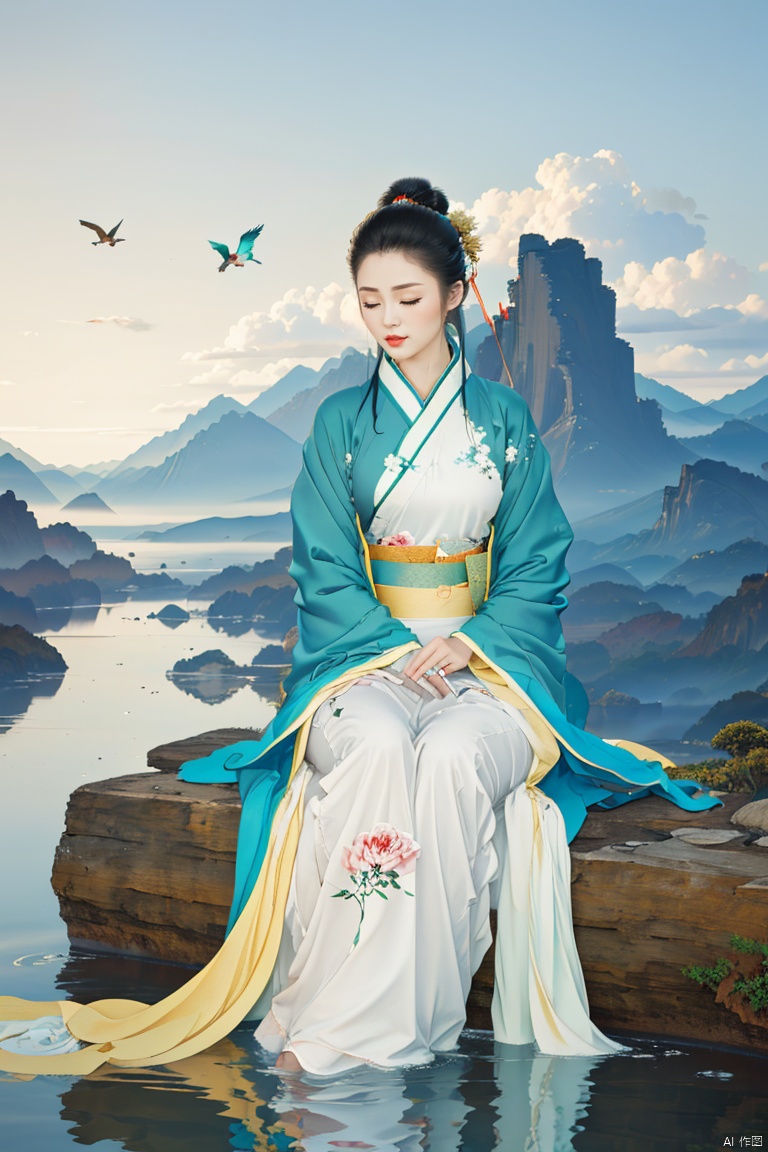  1girl, solo, long hair, black hair, hair ornament, long sleeves, dress, sitting, closed eyes, outdoors, sky, day, cloud, water, hair bun, blue sky, bird, chinese clothes, single hair bun, rock, mountain, forehead mark, hanfu