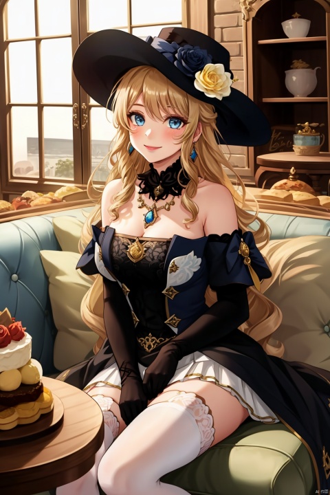 1girl, solo, long hair, breasts, looking at viewer, blush, smile, bangs, blue eyes, blonde hair, large breasts, thighhighs, gloves, hat, dress, cleavage, bare shoulders, jewelry, medium breasts, sitting, very long hair, closed mouth, flower, earrings, food, black gloves, elbow gloves, indoors, necklace, white dress, white thighhighs, zettai ryouiki, window, black headwear, strapless, rose, table, couch, strapless dress, plate, cake, hat flower, on couch