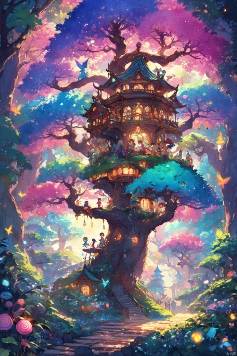  Marshmallow tree, detailed, Bright colors, whimsical, big tree, soft sky, fluffy clouds, fairy, branches filled with candies, sugar coated leaves, Glittering, Soft and chewy, happy children, playful, Cheerful, summer, enchanted forest, enjoyable, imagination, stay, Bright and airy, Irresistible, fantasy, edible, indulgent, Towering, iridescent, Candy heaven, sam kwan Mansion, Glass World, Manchuria Window, Chen's Lineage Hall, neon lights, Having a close and distant view, depth of field, Enigmatic Forest, realm of enchantment, This picture-perfect diorama, Pavilion and Gardens above of Trees adorned, magical creatures flight through, world where imagination knows no bounds, Original