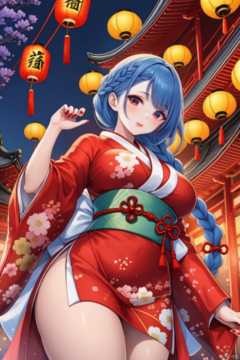 score_9, score_8_up, score_7_up, 1girl, solo, long hair, breasts, looking at viewer, large breasts, dress, blue hair, standing, braid, thighs, japanese clothes, kimono, nail polish, lips, sash, night, colored skin, looking down, short dress, floral print, from below, red dress, red nails, blue skin, paper lantern