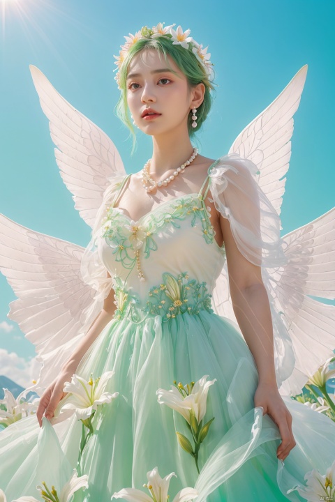  Quality, 8K, extremely intricate details, 1 girl, Lolita, gradient color, careful eyes, transparent wings, gradient art, in the flowers, (huge lily :1.1), sky, (White cloud :0.9), full lens, necklace, pearls and jewelry, 1 girl, flowing dress, light green dress, huge flowers, wide Angle, hdr