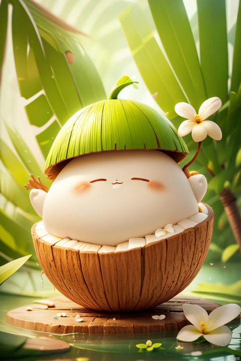 Hat,coconut,Coconut blind box,blush,closed eyes,dandelion,depth of field,flower,grass,hat,leaf,solo,sunlight,white flower