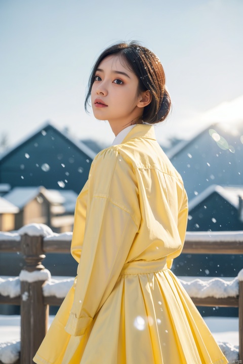 yellow theme,masterpiece,best quality,snowing,ray tracing,backlighting,dutch angle,(from side:0.4),Half side,1girl,solo,look up,arms behind back,oversized shirt,oversized clothes,school uniform,serafuku,beautiful detailed sky,(blurry foreground:1.2),light particles,bokeh,blurry,depth of field,blurry background,
,,,