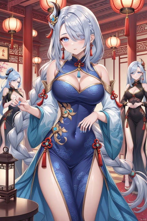 long hair, breasts, looking at viewer, blush, bangs, blue eyes, multiple girls, large breasts, hair ornament, long sleeves, dress, 2girls, cleavage, bare shoulders, jewelry, very long hair, standing, braid, grey hair, thighs, earrings, parted lips, detached sleeves, solo focus, alternate costume, indoors, nail polish, hair over one eye, black dress, covered navel, chinese clothes, tassel, blue nails, braided ponytail, lantern, tassel earrings, shenhe \(genshin impact\)