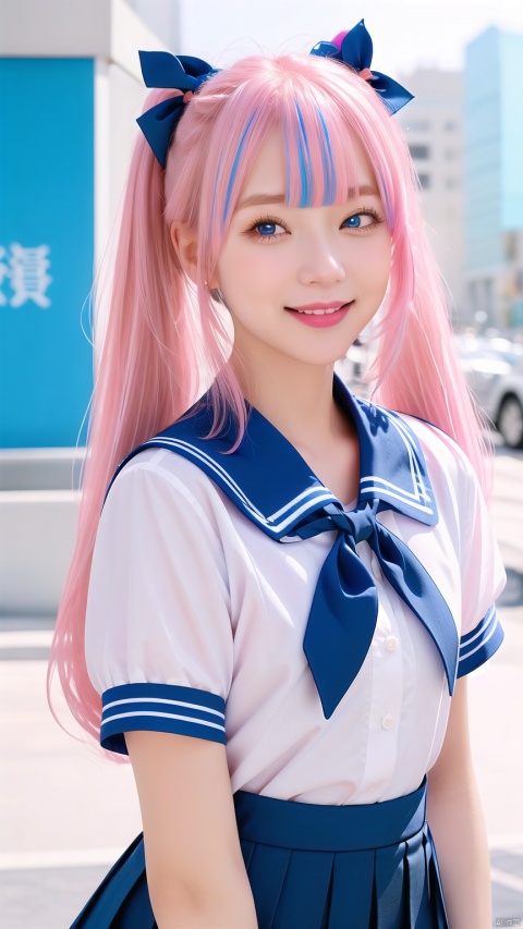  1girl, solo, long hair, looking at viewer, smile, open mouth, bangs, blue eyes, skirt, blonde hair, shirt, bow, holding, twintails, very long hair, school uniform, blue hair, pink hair, short sleeves, hair bow, multicolored hair, pleated skirt, one eye closed, serafuku, sailor collar, nail polish, blue bow, ;d, blue shirt, pointing, microphone, pink nails, holding microphone, pointing at viewer, quad tails, screen, masterpiece