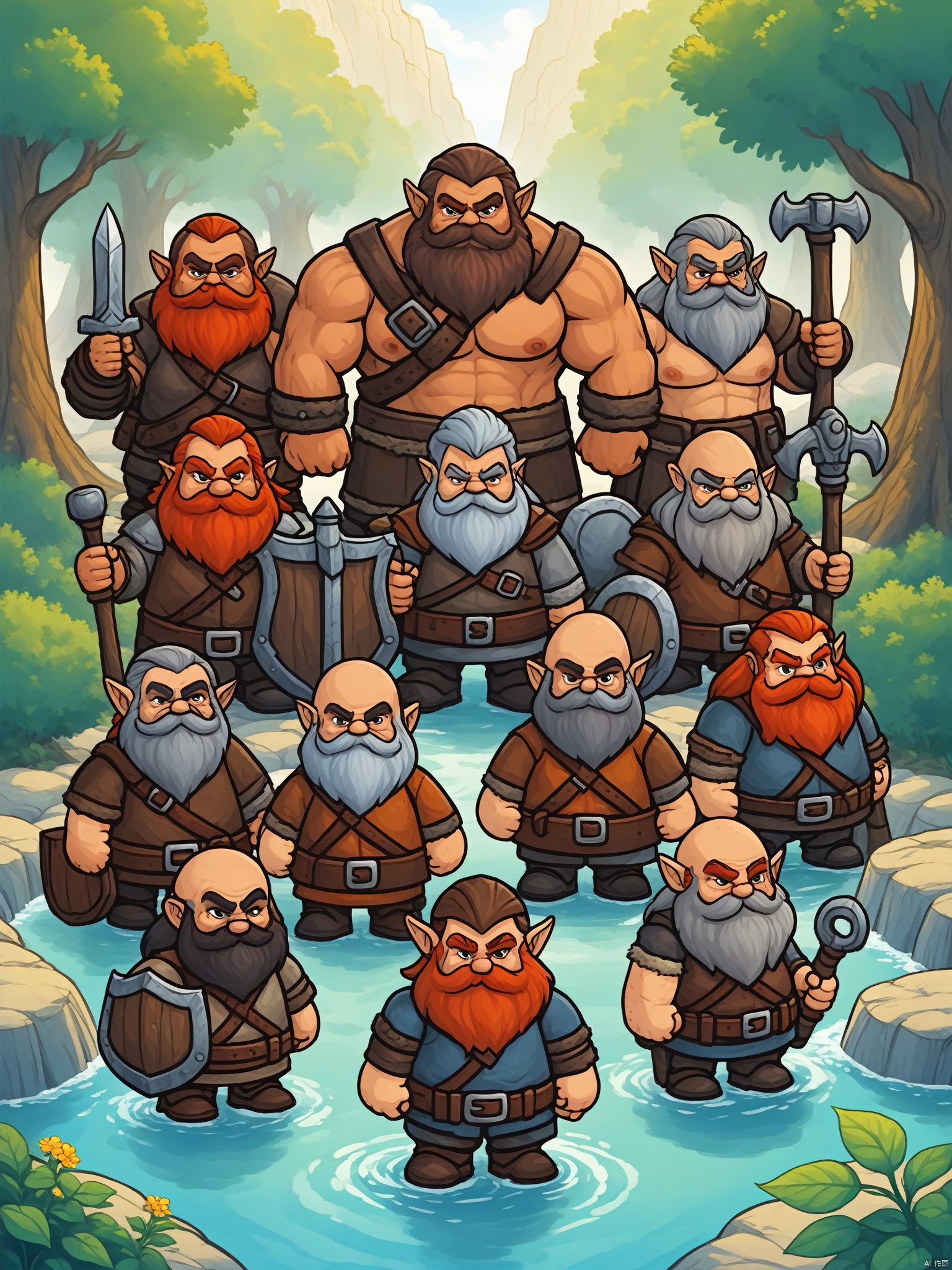  score_9, score_8_up, score_7_up, score_6_up, score_5_up, score_4_up score_9,score_8_up,Dwarves are a fictional character archetype that typically have short but robust bodies and are known for their incredible strength. Their skin color is usually gray or brown, and their hair is typically dark brown or auburn and short and stout. Dwarves' features are often rugged with prominent beards or goatees, which are considered indicative of their brawn and fighting prowess. They have dark-colored eyes and heightened vision due to their long periods of subterranean living.Dwarves typically wear heavy clothing and leather goods, which are made to be durable and protective during their mining and crafting processes. Their broad and powerful hands are highly regarded for their skilled craftsmanship, from building homes to the forging of weapons and armor.Generally, dwarves are known for their bravery and stubbornness. They value tradition, respect for the law, and family honor, which they take pride in. Overall, the dwarven archetype is widely used in culture to represent a variety of characters, including warriors, miners, craftsmen, and elites in various fields.The gentle sunshine and natural scenery under the sunlight: The sunshine is a source of vitality for life. It shines on all things in nature, makes all plants and trees full of vitality, and gives natural scenery a gentle and warm aesthetic.