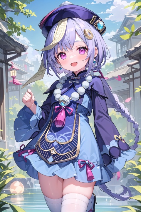  1girl, solo, long hair, looking at viewer, blush, smile, open mouth, bangs, hair ornament, thighhighs, long sleeves, hat, dress, jewelry, standing, purple eyes, purple hair, braid, :d, earrings, outdoors, wide sleeves, necklace, white thighhighs, sleeves past wrists, single braid, bandages, standing on one leg, beads, braided ponytail, lantern, ofuda, purple headwear, bandaged leg, jiangshi, bead necklace, qing guanmao, coin hair ornament, qiqi \(genshin impact\), qiqi (genshin impact)