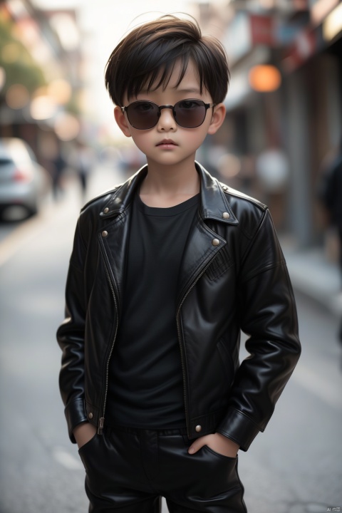  Photo, 10 year old child, single, looking at the audience, short hair, blonde hair, shirt, long sleeve, 1boy, Closed mouth, Standing, Jacket, Male Focus, Cowboy shot, Outdoor, pants, blur, Open Jacket, Black Jacket, black shirt, Depth of Field, Blur Background, Black pants, Sunglasses, Realistic, hands in pockets, leather, Bokeh, Leather jacket, Professional photography, real,