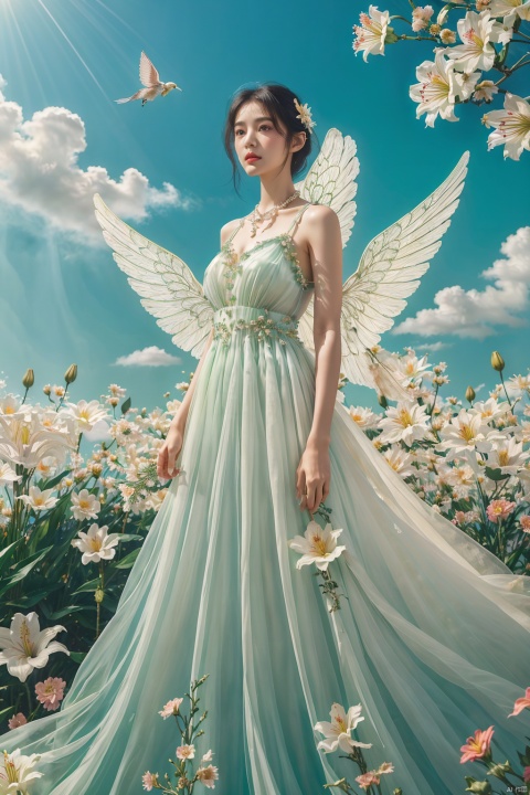  Quality, 8K, extremely intricate details, 1 girl, Lolita, gradient color, careful eyes, transparent wings, gradient art, in the flowers, (huge lily :1.1), sky, (White cloud :0.9), full lens, necklace, pearls and jewelry, 1 girl, flowing dress, light green dress, huge flowers, wide Angle, hdr, sd_mai