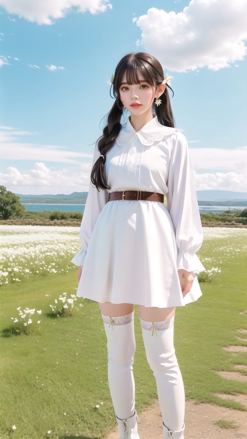  1girl, solo, long hair, looking at viewer, bangs, thighhighs, long sleeves, dress, twintails, jewelry, closed mouth, green eyes, standing, flower, ahoge, white hair, earrings, boots, outdoors, sky, pointy ears, belt, cloud, white dress, white thighhighs, parted bangs, petals, capelet, feet out of frame, bird, brown footwear, cloudy sky, white flower, elf, red nails, white capelet