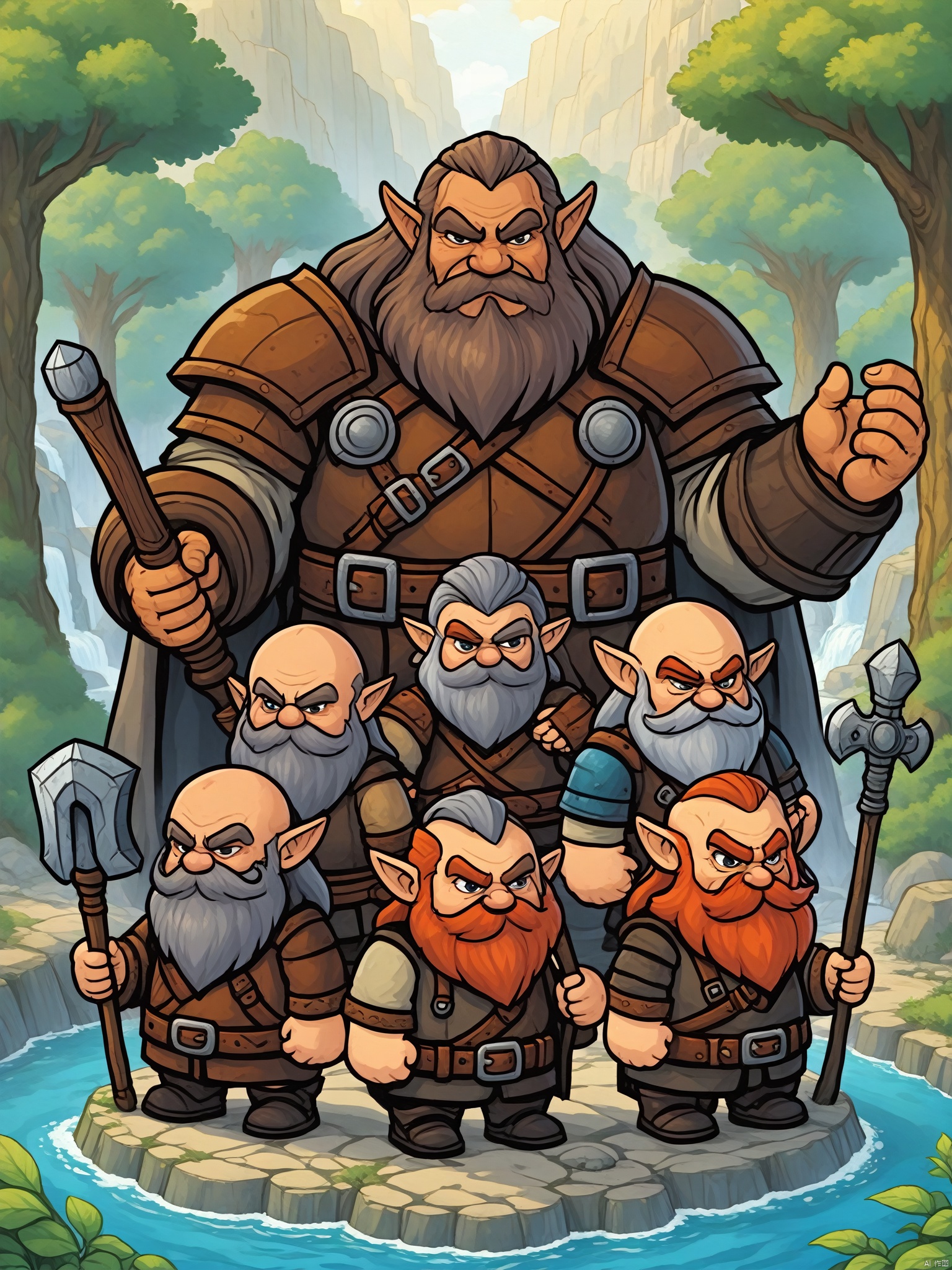  score_9, score_8_up, score_7_up, score_6_up, score_5_up, score_4_up score_9,score_8_up,Dwarves are a fictional character archetype that typically have short but robust bodies and are known for their incredible strength. Their skin color is usually gray or brown, and their hair is typically dark brown or auburn and short and stout. Dwarves' features are often rugged with prominent beards or goatees, which are considered indicative of their brawn and fighting prowess. They have dark-colored eyes and heightened vision due to their long periods of subterranean living.Dwarves typically wear heavy clothing and leather goods, which are made to be durable and protective during their mining and crafting processes. Their broad and powerful hands are highly regarded for their skilled craftsmanship, from building homes to the forging of weapons and armor.Generally, dwarves are known for their bravery and stubbornness. They value tradition, respect for the law, and family honor, which they take pride in. Overall, the dwarven archetype is widely used in culture to represent a variety of characters, including warriors, miners, craftsmen, and elites in various fields.The gentle sunshine and natural scenery under the sunlight: The sunshine is a source of vitality for life. It shines on all things in nature, makes all plants and trees full of vitality, and gives natural scenery a gentle and warm aesthetic.