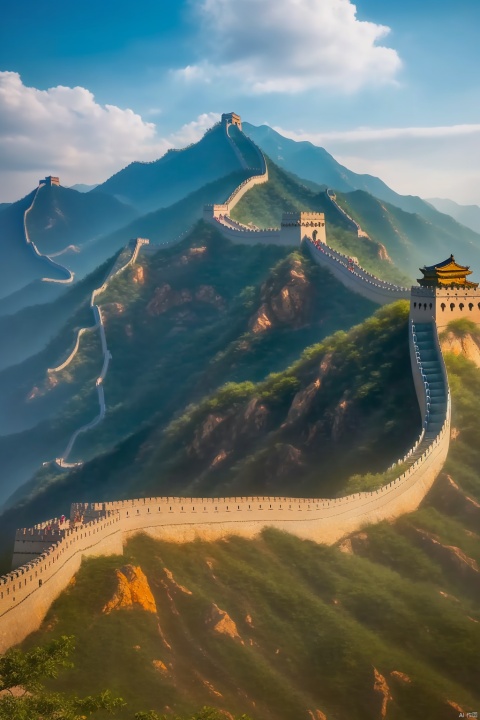  A breathtaking masterpiece featuring the stunning beauty of the Great Wall of China in an 8k resolution. The image showcases the intricate details and complexity of this ancient architectural wonder. The scene is bathed in vibrant colors, with a vibrant red dominating the composition, symbolizing the rich cultural heritage of China. Towering mountains serve as a majestic backdrop, accentuating the grandeur of the Great Wall. Lush trees dot the landscape, adding a touch of serenity to the scene. The sky is adorned with fluffy, white clouds, hinting at a calm and peaceful day. The image is rendered with the utmost precision and clarity, capturing every minutiae of the Great Wall and its surroundings. The scene is bathed in natural sunlight, casting a warm, golden glow on the entire composition, enhancing the overall visual appeal.

, Wide angle,hdr