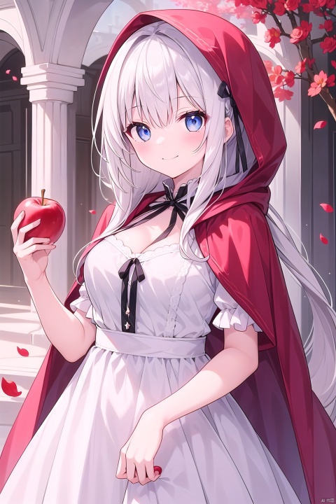 1girl, solo, long hair, breasts, looking at viewer, blush, smile, bangs, blue eyes, large breasts, dress, bow, ribbon, holding, cleavage, medium breasts, very long hair, closed mouth, braid, flower, white hair, short sleeves, food, hood, cape, white dress, official alternate costume, petals, single braid, black ribbon, fruit, rose, holding food, cloak, hood up, braided ponytail, red rose, apple, red cape, basket, hooded cloak, hooded cape, red cloak, red apple, marie antoinette \(fate\)