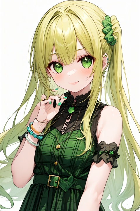  1girl, aqua_nails, armpits, bangle, bare_shoulders, bead_bracelet, beads, blonde_hair, blush, bracelet, clover, clover_hair_ornament, emerald_\(gemstone\), fingernails, four-leaf_clover, green_bow, green_bowtie, green_eyes, green_nails, green_necktie, green_neckwear, green_ribbon, green_scarf, green_scrunchie, hair_bobbles, hair_ornament, hair_scrunchie, jewelry, long_hair, low-tied_long_hair, multicolored_nails, nail_art, nail_polish, orange_nails, pearl_bracelet, red_nails, ribbed_sweater, ring, scrunchie, simple_background, sleeveless, smile, solo, white_background, wristwatch, yellow_nails, masterpiece