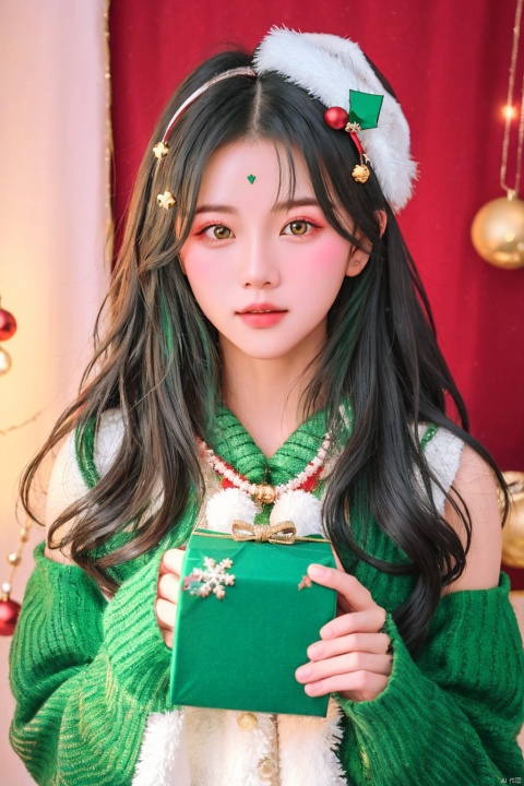  1girl, solo, photo, Snow, outside, Pine, box, christmas tree, merry christmas, holding gift, christmas lights, looking at viewer, bell, ornament, hair ornament, heart-shaped box, UHD, textured skin, high details, 16k, green eyes, qiqi (genshin impact), 1boy