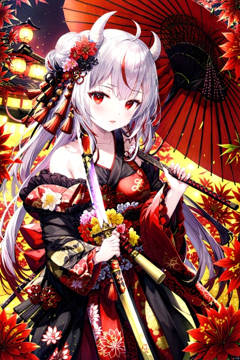  1girl

solo

long hair

looking at viewer

bangs

hair ornament

red eyes

long sleeves

holding

weapon

flower

white hair

grey hair

red hair

multicolored hair

frills

parted lips

japanese clothes

horns

sword

virtual youtuber

hair flower

wide sleeves

kimono

off shoulder

hair bun

holding weapon

arm up

streaked hair

sash

bell

gradient hair

umbrella

holding sword

obi

floral print

katana

frilled sleeves

red flower

sheath

tassel

oni horns

oni

holding umbrella

oil-paper umbrella

black kimono

spider lily

nakiri ayame

