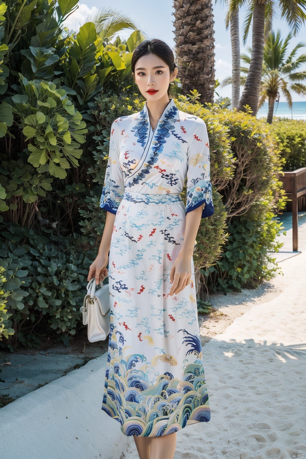  A beach vacation concept, with a model in a tropical resort setting, wearing a stylish swimsuit and a flowing beach cover-up. The backdrop includes palm trees, sandy beaches, and a clear blue sky, creating a sense of relaxation and luxury., china dress\(haihang\), greendesign, Ink painting, flowing skirts,Giant flowers,