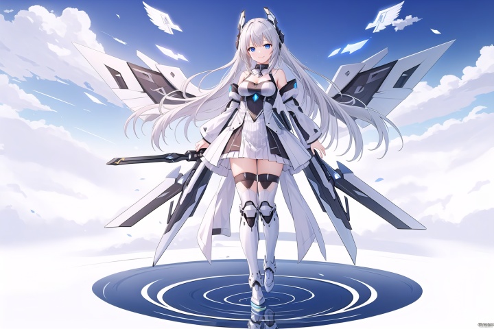  1girl, solo, long hair, breasts, looking at viewer, smile, bangs, blue eyes, thighhighs, dress, bare shoulders, medium breasts, full body, weapon, white hair, boots, outdoors, detached sleeves, wings, sky, day, sword, cloud, water, white dress, armor, zettai ryouiki, petals, floating hair, headgear, cloudy sky, floating, reflection, armored boots, mecha musume, mechanical wings