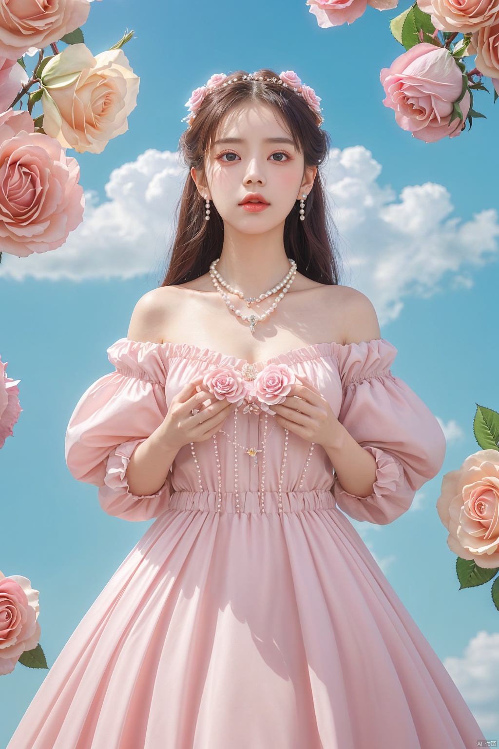  quality, 8K, extremely complex details, 1girl, lolita, careful eyes, looking_at_viewer, butterfly, gradient art, in the flower cluster, (rose:1.1), sky, (white cloud:0.9), full_shot, necklace, pearls andjewels, , 1girl, moyou