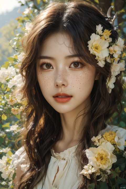  Vintage portrait, photography style, soft focus, pure face,Deer, girl, antlers, vine with leaves, Blonde hair, European and American advanced face, freckles, Detailed light and shadow, Wind, (Strong Sunshine),Two plaits, The forest,Front light source,
, Electroplating paint, Huge flowers, flowing skirts,Giant flowers, (/qingning/), myinv, mtianmei, babata
