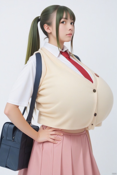 score_9, score_8_up, score_7_up, best quality, masterpiece,realistic,gigantic breasts, upper body, 
1girl, sonozaki mion, solo, necktie, green eyes, green hair, long hair, bag, red necktie, skirt, ponytail, vest, yellow vest, shirt, white background, simple background, school uniform, hand on hip, white shirt, short sleeves, looking at viewer, open vest, pink skirt