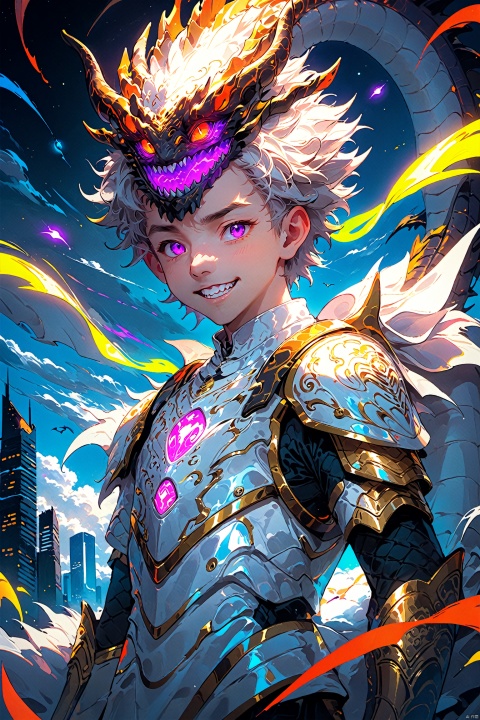  the poster of the anime character with an horned head, in the style of neon lights, futurism, handsome, i can't believe how beautiful this is, 2d game art, white, fantasy characters, Anime style, mlonggwang
solo, 1boy, purple eyes, male focus, outdoors, sky, teeth, armor, no humans, glowing, sharp teeth, building, science fiction, monster, city, dragon, lbbao